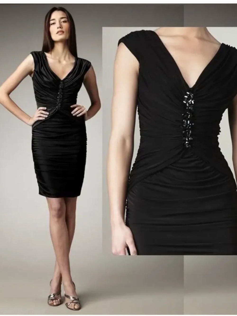 NWT Tadashi Souji Black Ruched V-Neck Cocktail Dress with Beaded Detail